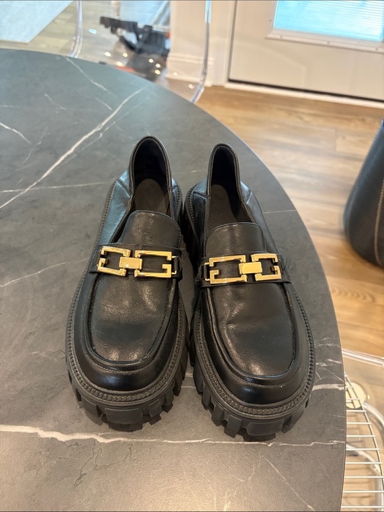 Shoes - Black Leather Lug-Soled Loafers with Gold Chain Accent